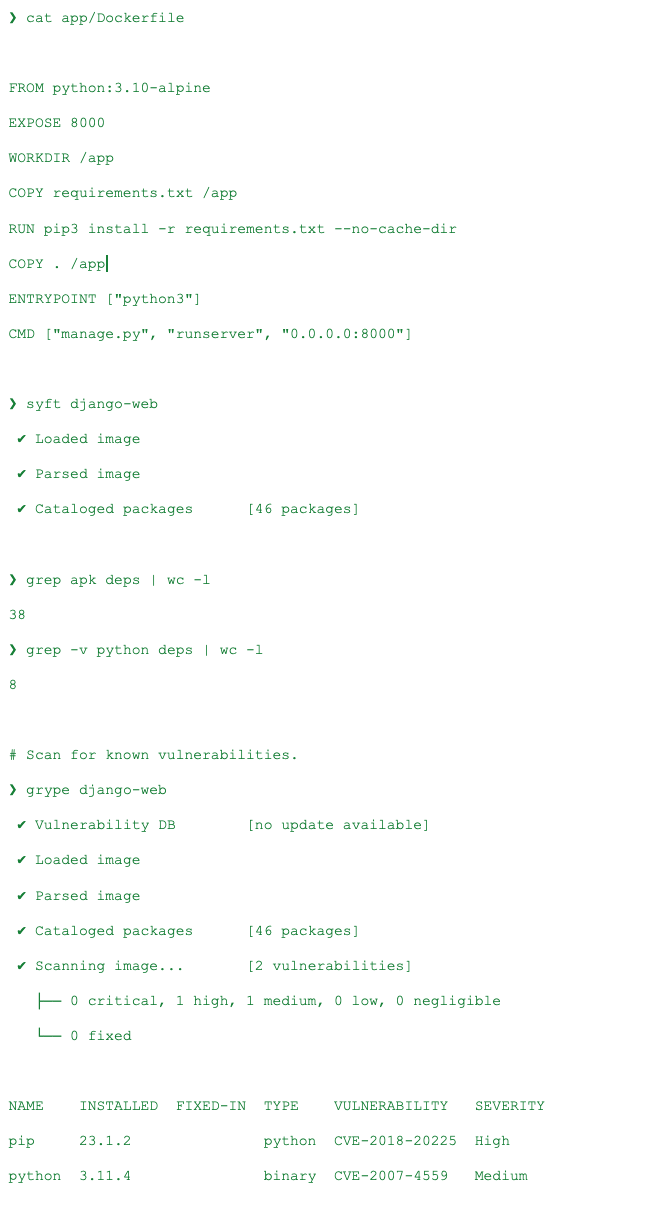 Package in an OCI container and scan with Grype and Syft